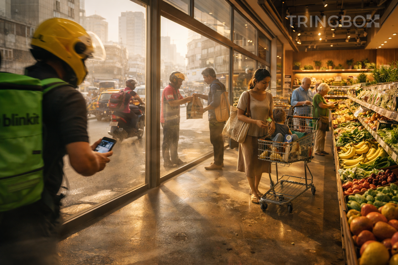 A well-lit, premium physical supermarket with customers comfortably browsing fresh produce while a subtle, inviting atmosphere surrounds them.