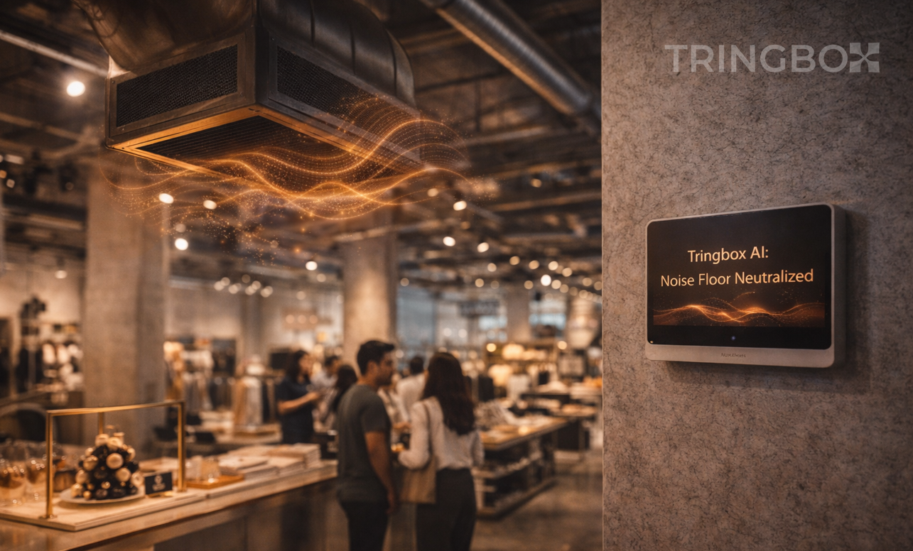 A massive warehouse-style flagship store where shimmering golden light-waves represent the Tringbox AI neutralizing the noise of a large exposed HVAC system.