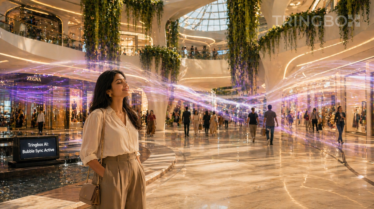 A futuristic 2026 retail showroom where glowing amber light waves represent the 'Acoustic Bubble' managed by Tringbox AI.