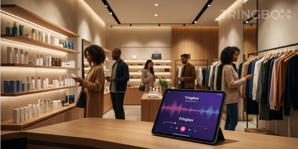 A modern, experiential retail store in 2026 featuring a seamless AI-driven audio environment powered by Tringbox.