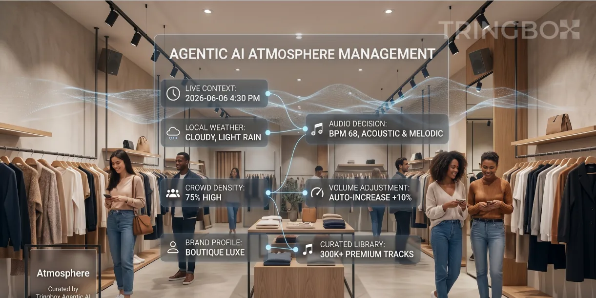 A modern physical store managed by an autonomous AI system controlling the environment