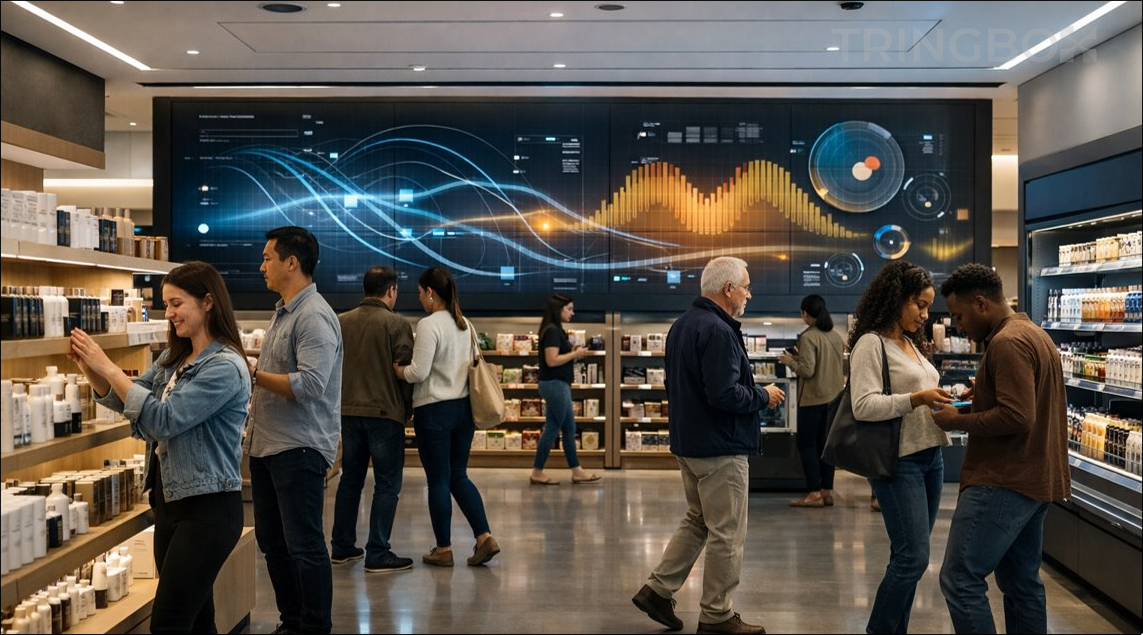 A sleek, futuristic retail space showing an abstract representation of AI agents managing the environment.
