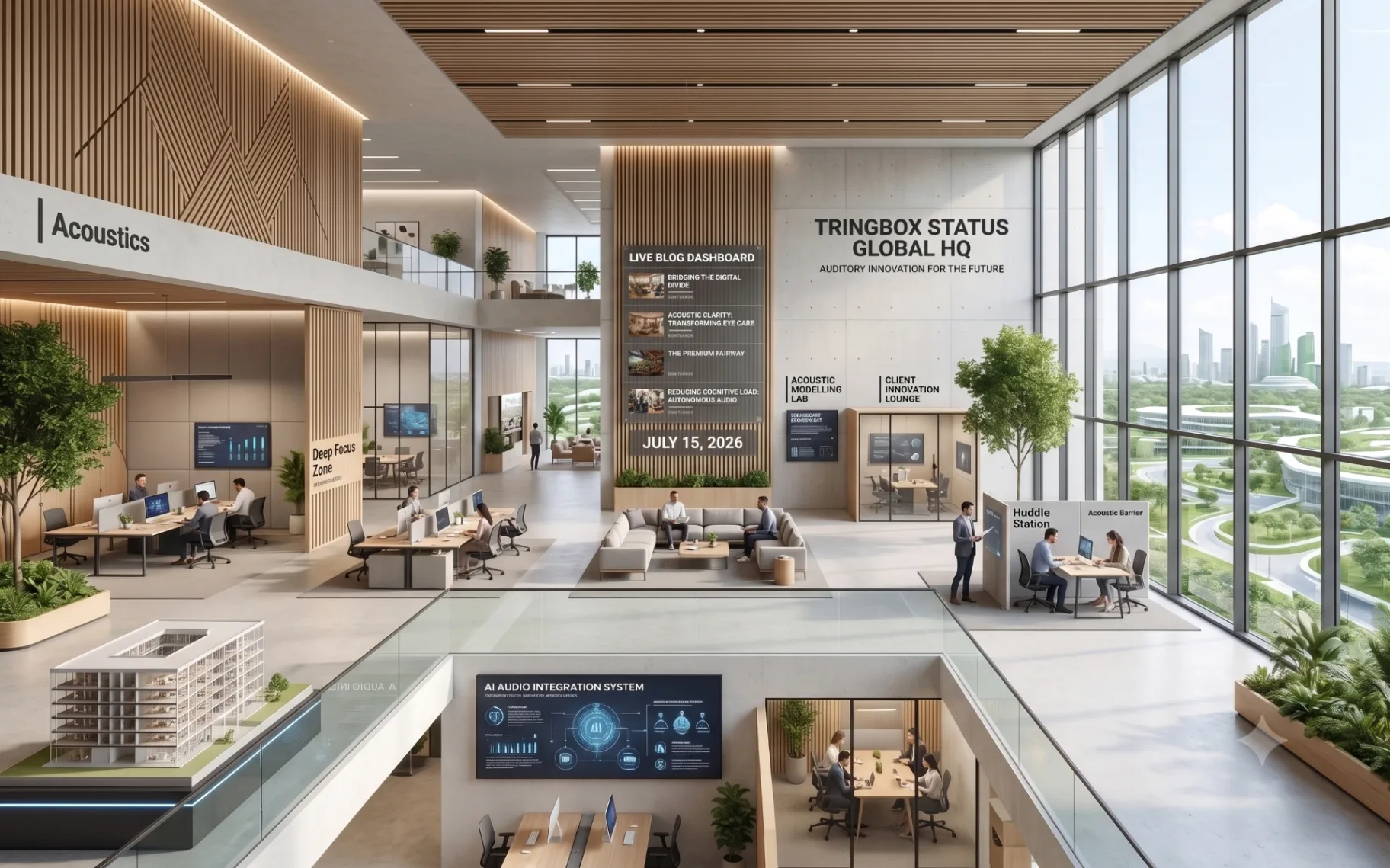 A sophisticated, modern open-plan corporate headquarters with minimalist design and integrated acoustic panels.