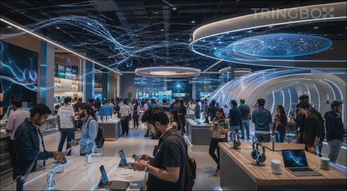 A futuristic, ultra-modern electronics showroom featuring 8K displays and sleek gadgets, enhanced by a visual representation of an intelligent, neuro-acoustic audio waveform.