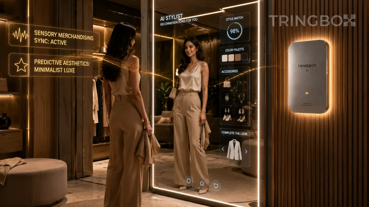A professional 16:9 cinematic photograph of a luxury smart fitting room in 2026. A customer interacts with a massive smart mirror displaying AI-generated styling overlays. A sleek Tringbox audio sensor glows on the wall.