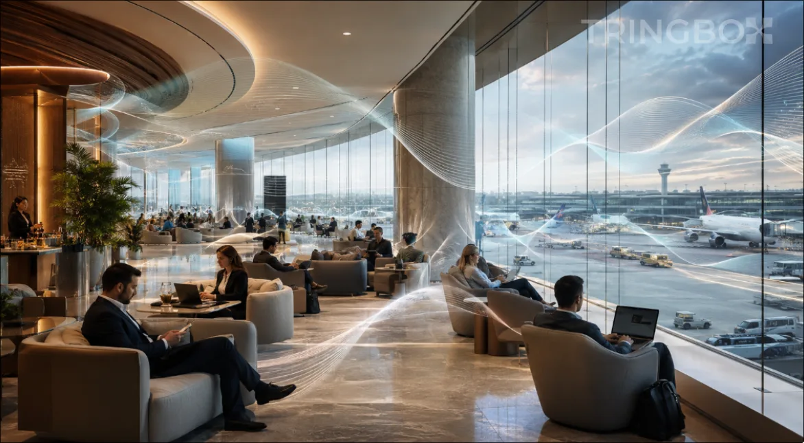 A highly sophisticated, softly lit airport lounge featuring comfortable travelers, overlayed with a digital HUD demonstrating AI noise floor analysis and 72BPM neuro-acoustic syncing.
