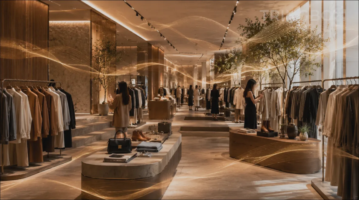 A stylish, modern clothing boutique featuring warm lighting, minimalist garment displays, and a sophisticated atmosphere powered by AI sound design.