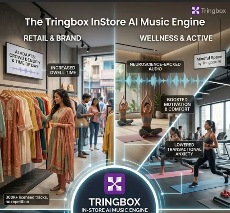 A bustling, modern experiential commerce hub in an Indian city, with adjacent zones for a luxury bakery and ethnic fashion hub, both managed by Tringbox AI.