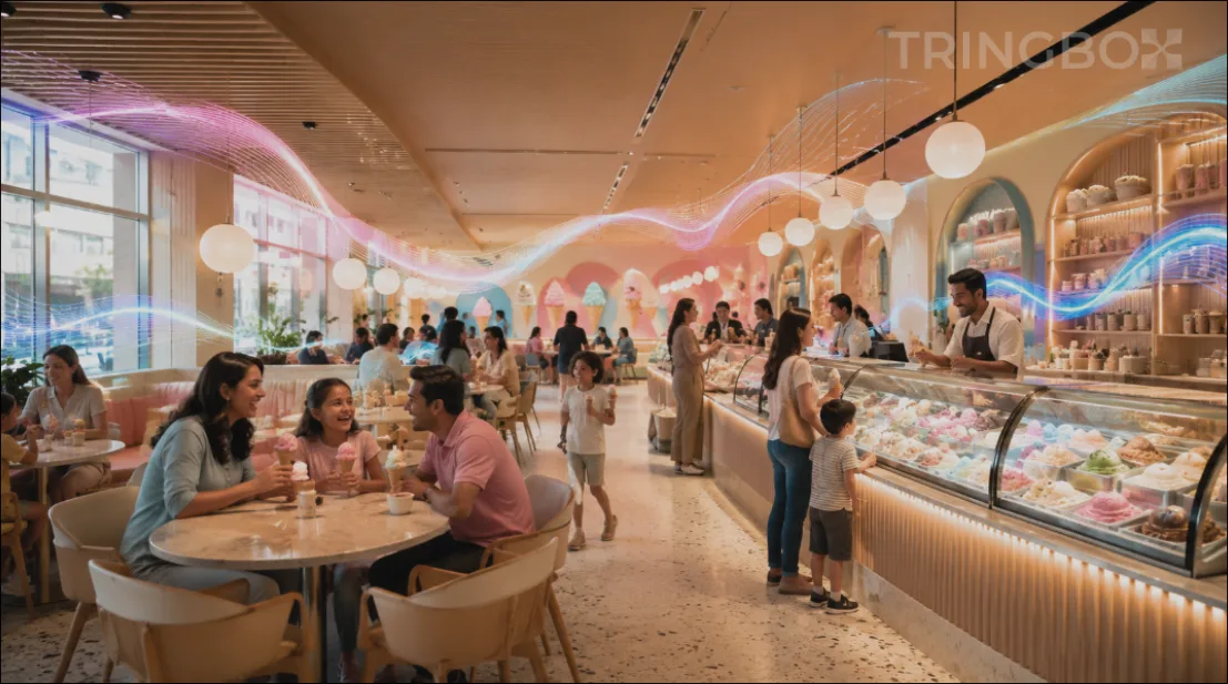 A bright, joyful modern ice cream parlour filled with families, showcasing a seamless integration of digital AI audio technology.