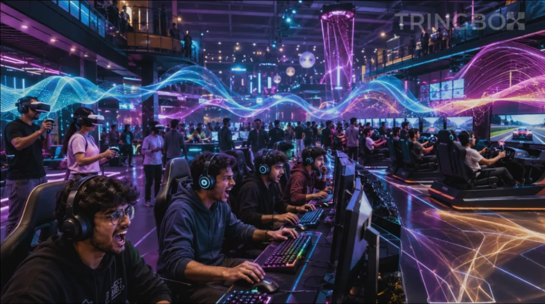 A highly energetic, neon-lit Indian gaming zone with VR simulators and a bowling alley, showcasing gamers fully immersed in a premium AI-driven acoustic environment.