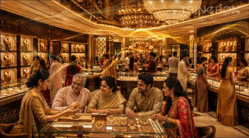 A luxurious Indian jewellery showroom featuring bridal Kundan and Polki sets displayed under warm lighting, with a serene, premium atmosphere driven by AI sound design.