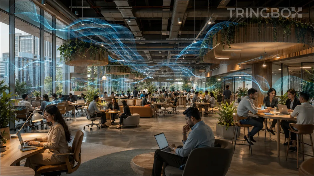 A sleek, modern open-plan office space bathed in natural light, showcasing focused employees and a collaborative atmosphere engineered by intelligent spatial audio.