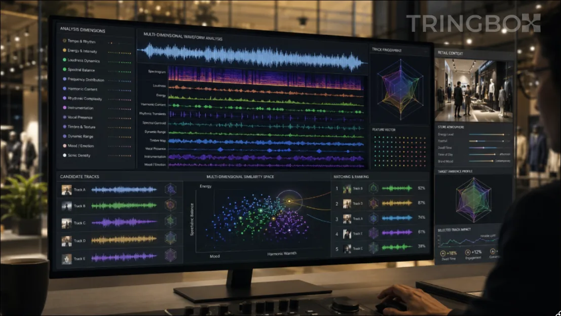 A detailed technical diagram illustrating multi-dimensional audio waveform analysis and algorithmic track selection beyond simple BPM.