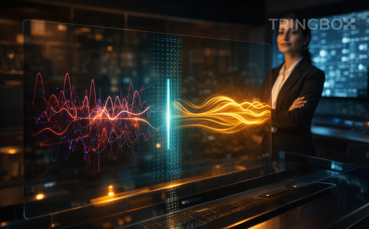 A futuristic digital dashboard visually filtering out distorted 'spam' audio waves into clean, glowing golden 'premium' frequencies for a luxury boutique.