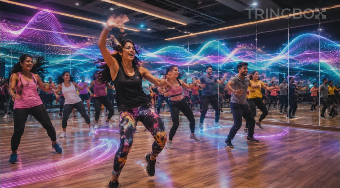 A vibrant, high-energy Zumba class in a modern fitness studio, visually capturing the powerful rhythm and momentum of AI-driven workout music.