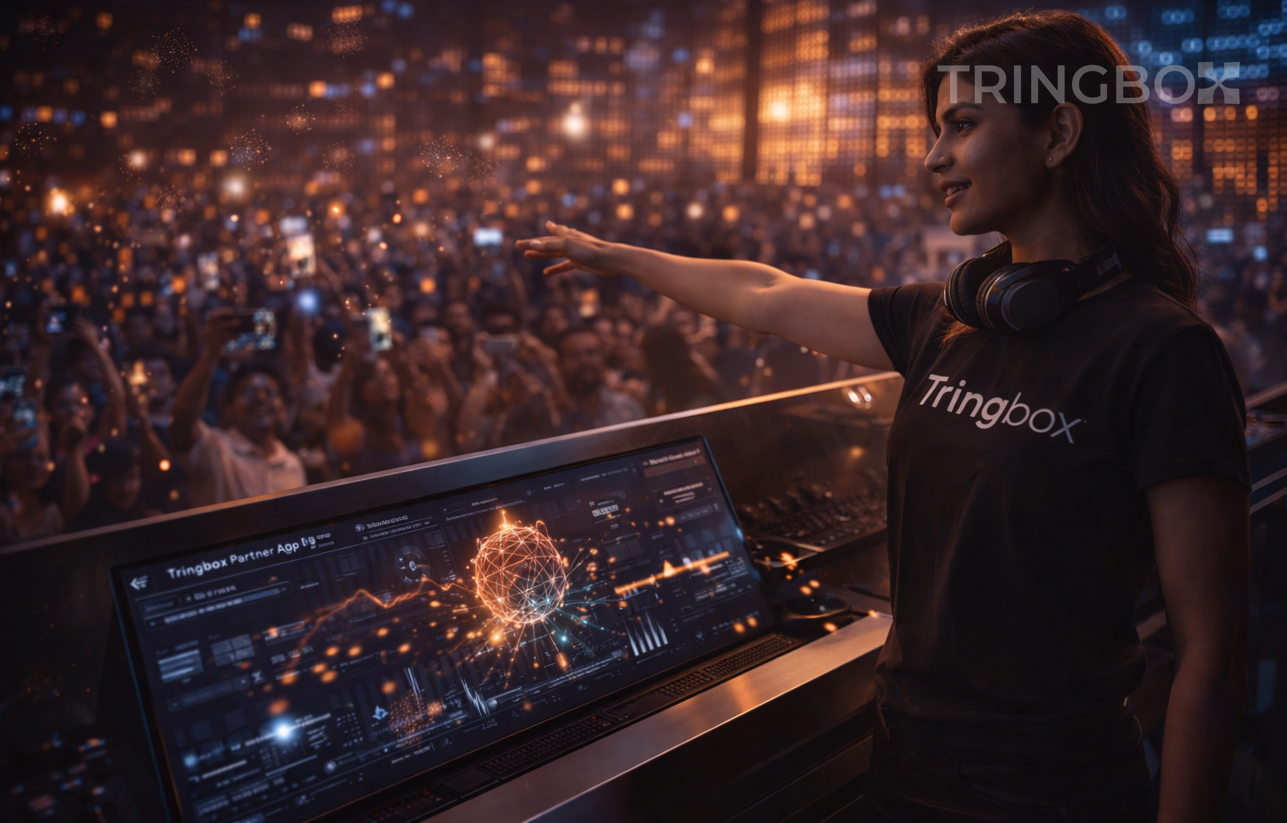 A high-tech 2026 retail space where a DJ in a Tringbox t-shirt manages a vibrant, neon-fused Hyperpop atmosphere.