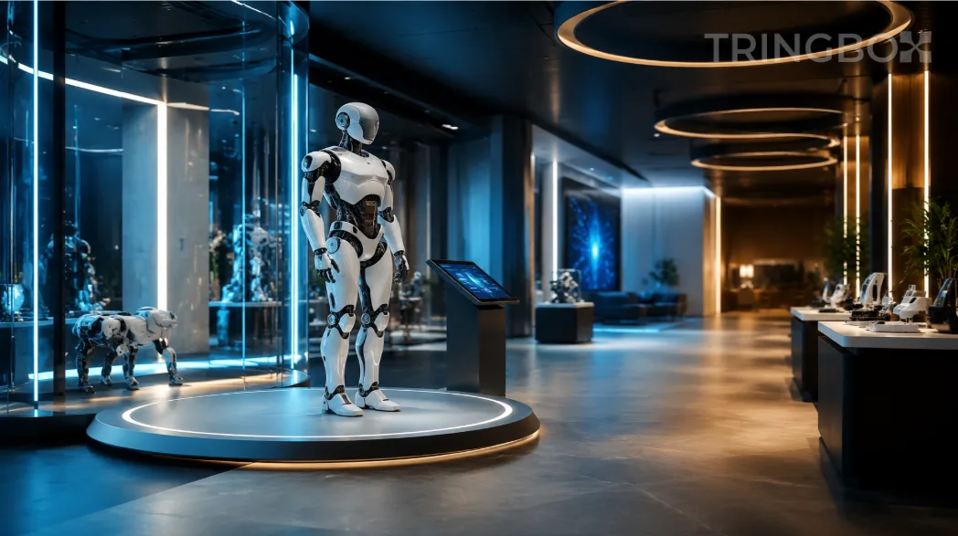 A futuristic humanoid robotics showroom featuring sleek glass platforms, ambient LED lighting, and interactive tech pods, unified by a warm, AI-managed acoustic layer.