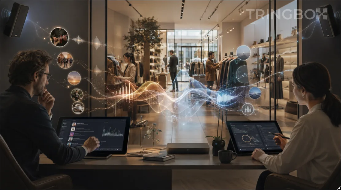 A conceptual diagram showing the collaboration between human music curators and artificial intelligence algorithms in designing retail store ambience.