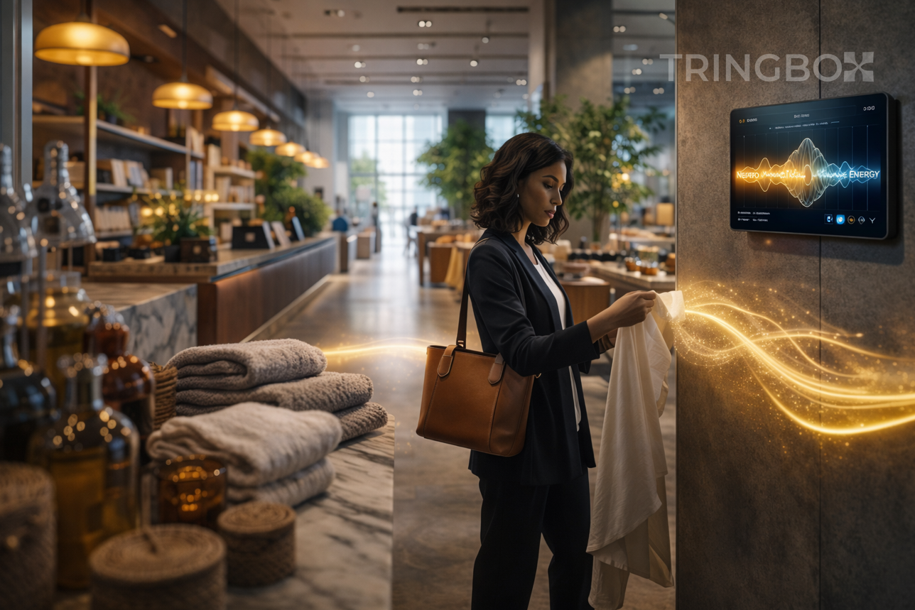 A high-tech cinematic side-by-side comparison of a cluttered designer's desk versus a clean, pulsing Tringbox AI atmosphere dashboard.