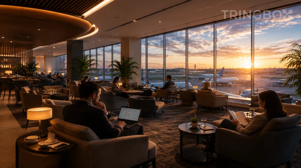 A sweeping view of a luxury airport lounge with plush seating and vast glass windows overlooking a runway, unified by an invisible, calming AI-driven audio soundscape.