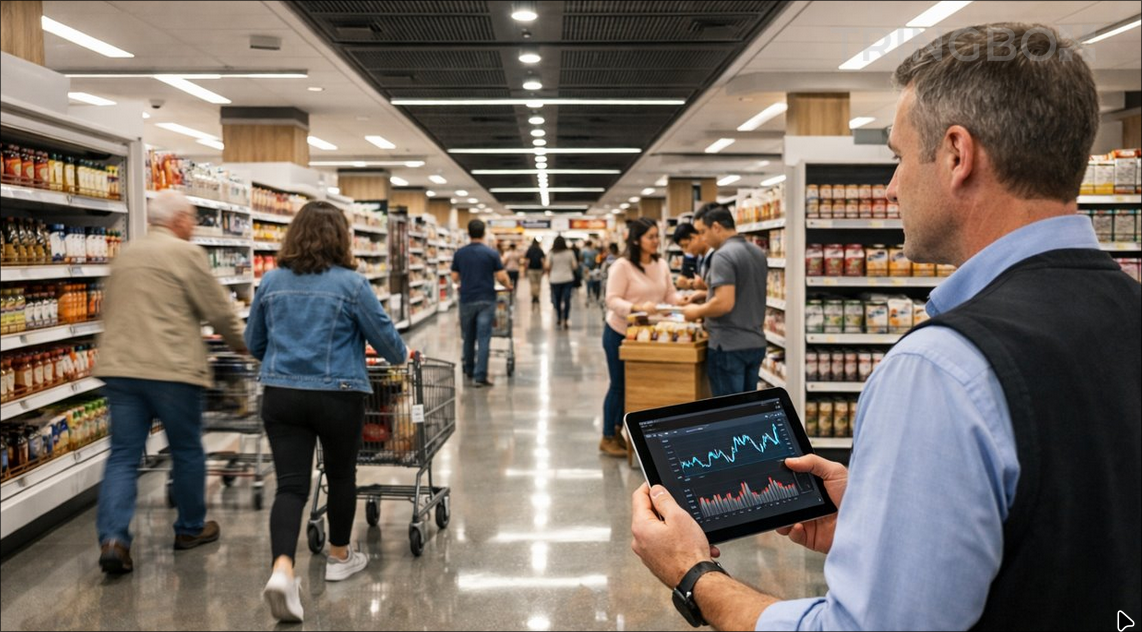 A wide-angle shot of a modern hypermarket showing the transition from a vibrant entrance to focused inner aisles.