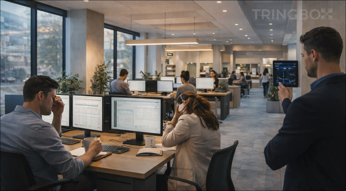 A modern, high-focus corporate office environment with employees working late under warm, focused lighting.