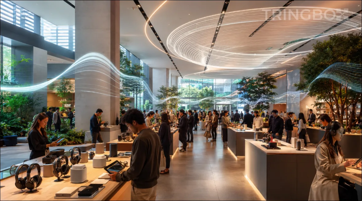 A futuristic architectural render of a modern retail space, overlayed with a digital HUD showing real-time AI audio frequencies, weather APIs, and customer dwell-time metrics powered by Tringbox.