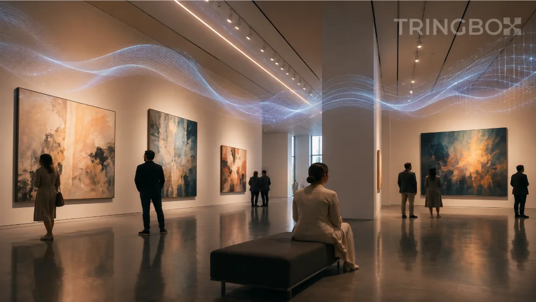 A stunning, modern minimalist contemporary art gallery with large abstract paintings, where visitors quietly admire the art enveloped in a focused, AI-managed acoustic layer.