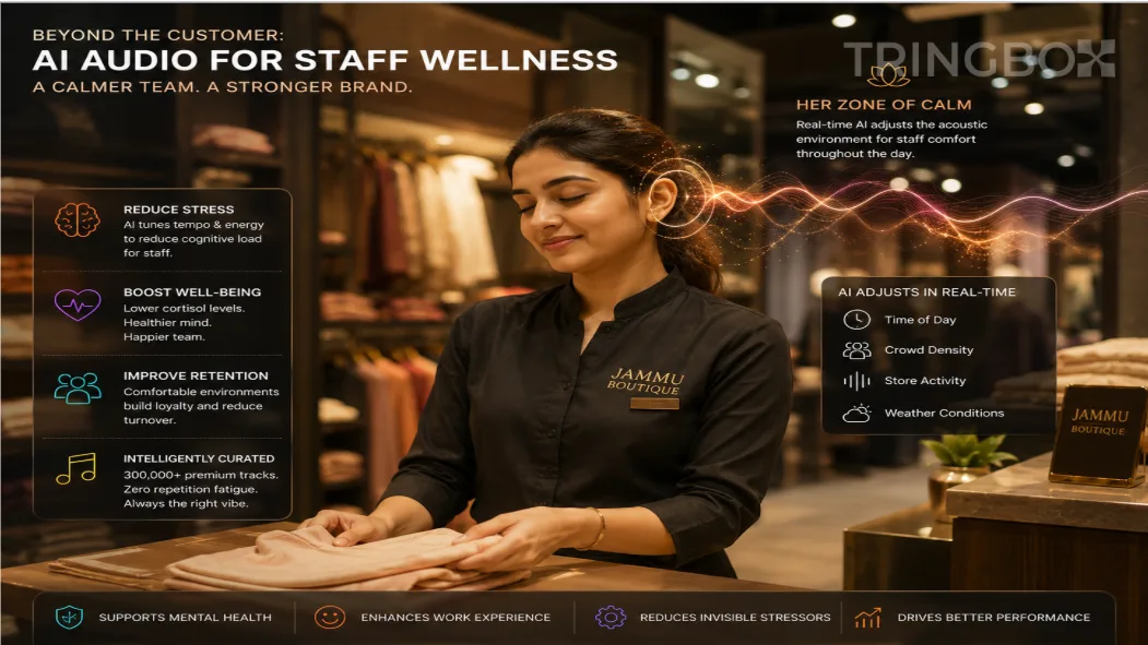 A relaxed Indian retail staff member in a warmly lit, modernized Jammu boutique. Conceptual, calming visualization of a unique acoustic signature floats near her ear, indicating a mental decompression zone generated by AI.