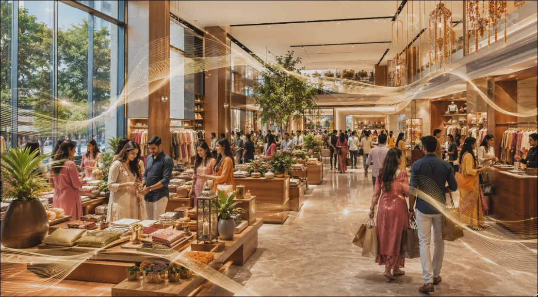 A modern Indian retail store bustling with shoppers during an August festive sale under AI-optimized background music from Tringbox.