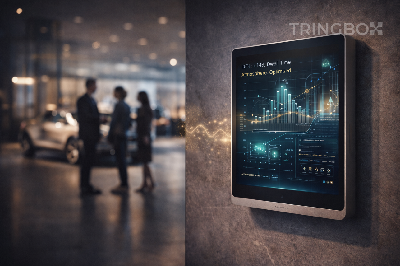 A futuristic car showroom dashboard showing Tringbox AI analytics overlaying a luxury car display, illustrating the ROI of sound branding.