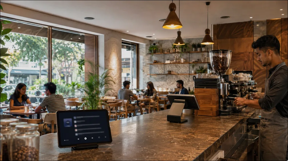 A stylish modern cafe with ceiling speakers and a counter tablet running an automated background music system.