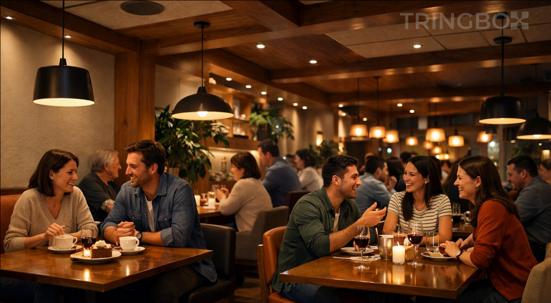 A bustling modern cafe with a warm aesthetic and guests enjoying coffee in a sonically optimized environment.