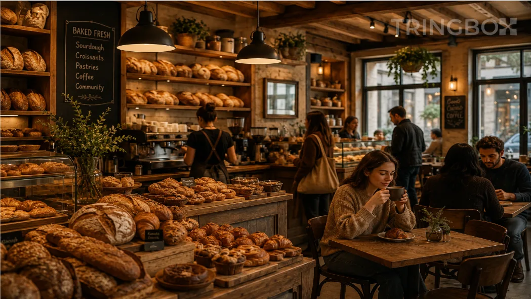 A warm, rustic artisanal bakery showcasing rows of fresh bread and pastries, filled with relaxed customers enjoying their morning coffee in a cozy AI-managed acoustic setting.