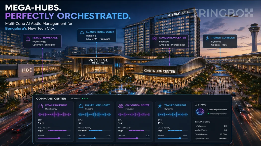 An expansive, futuristic mixed-use commercial and hospitality hub in Bengaluru, seamlessly managed by a multi-zone AI audio system.