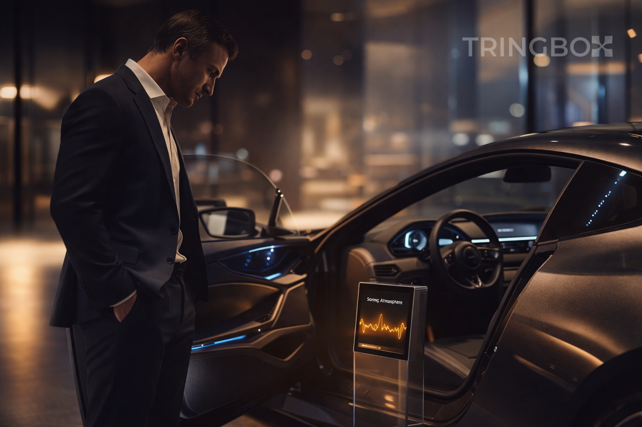 A high-end 2026 luxury car showroom featuring a Tringbox AI-managed sonic atmosphere that perfectly complements a premium electric vehicle display.