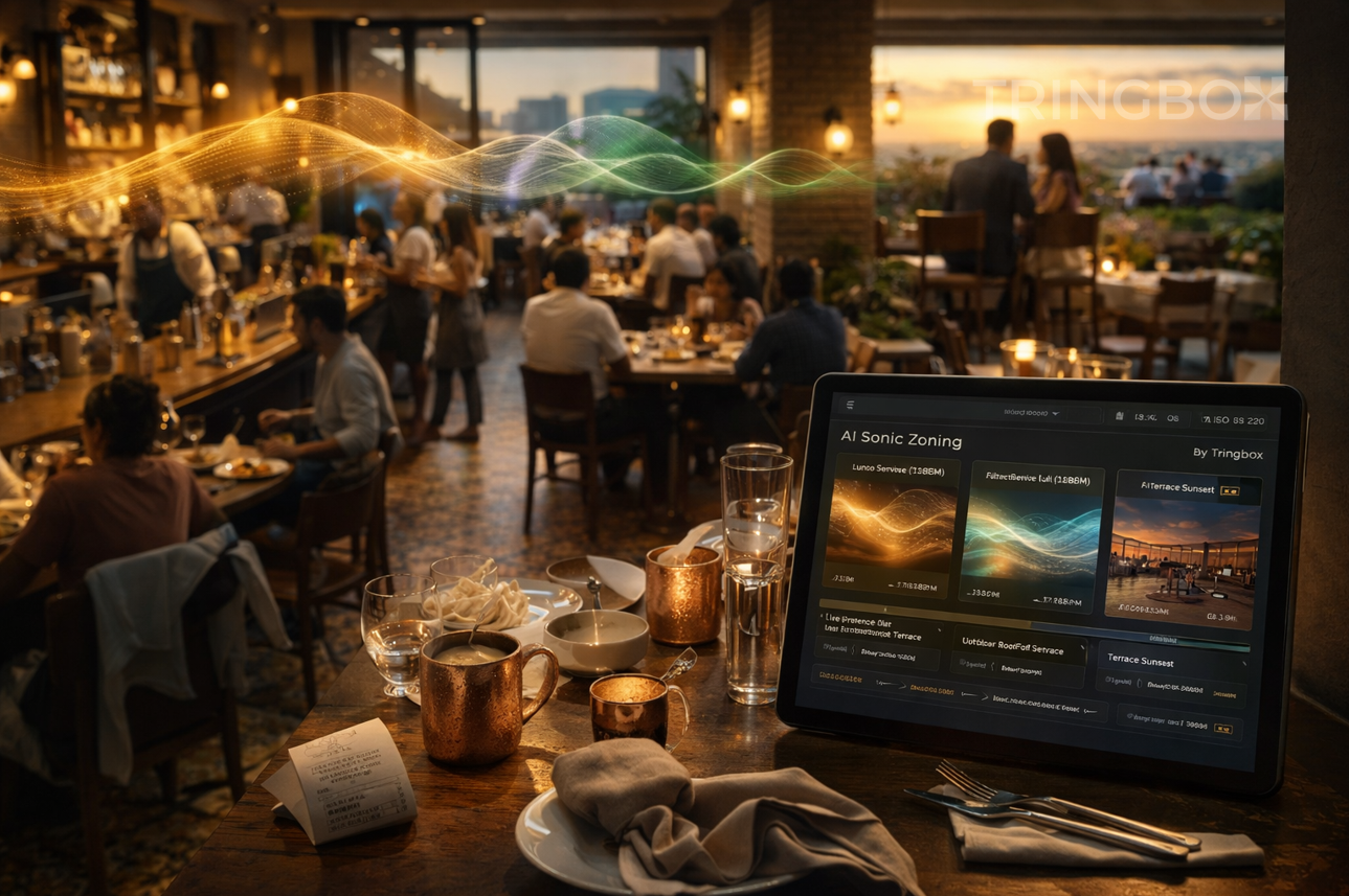 A high-end restaurant lobby where the music perfectly matches the sophisticated lighting and elite crowd energy.