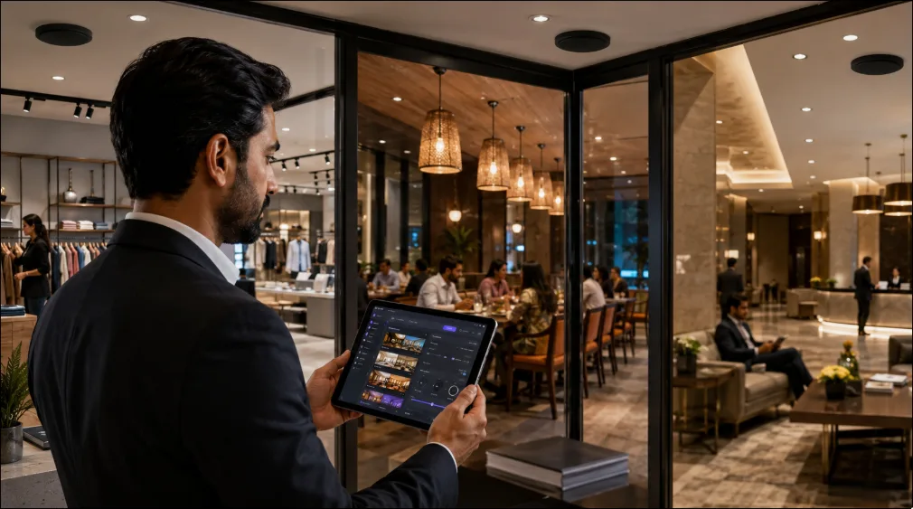 A manager using a tablet to control background music across multiple business locations.