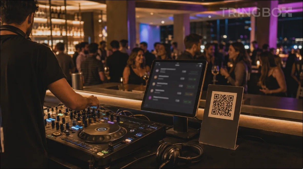A DJ booth setup featuring a tablet displaying a real-time song request queue next to a venue QR code plaque.