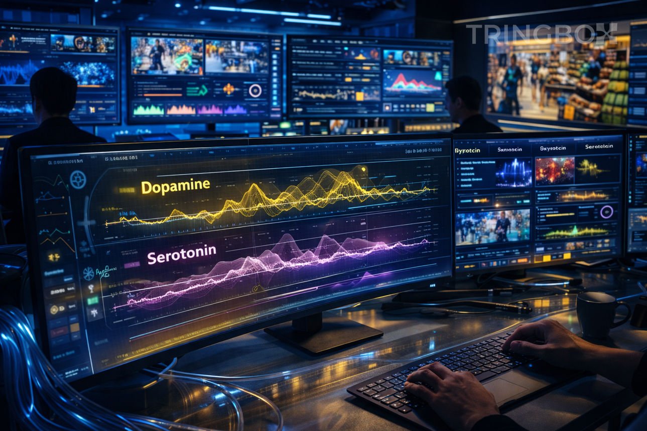 A conceptual digital illustration of a human brain with glowing synapses, perfectly synchronized with an audio equalizer, representing biometric music curation.