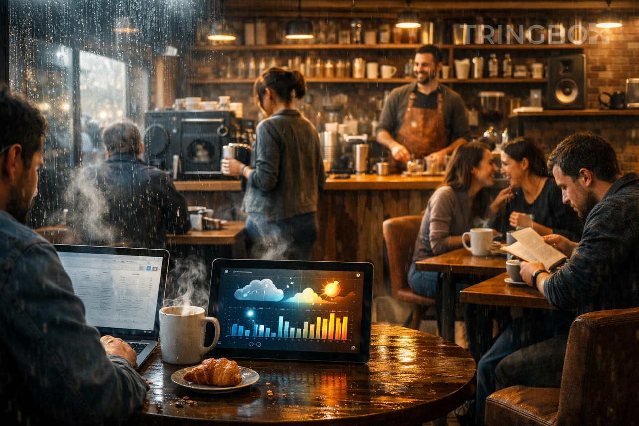 A modern retail store interior overlaid with a digital AI dashboard showing weather, time, and music tempo metrics.