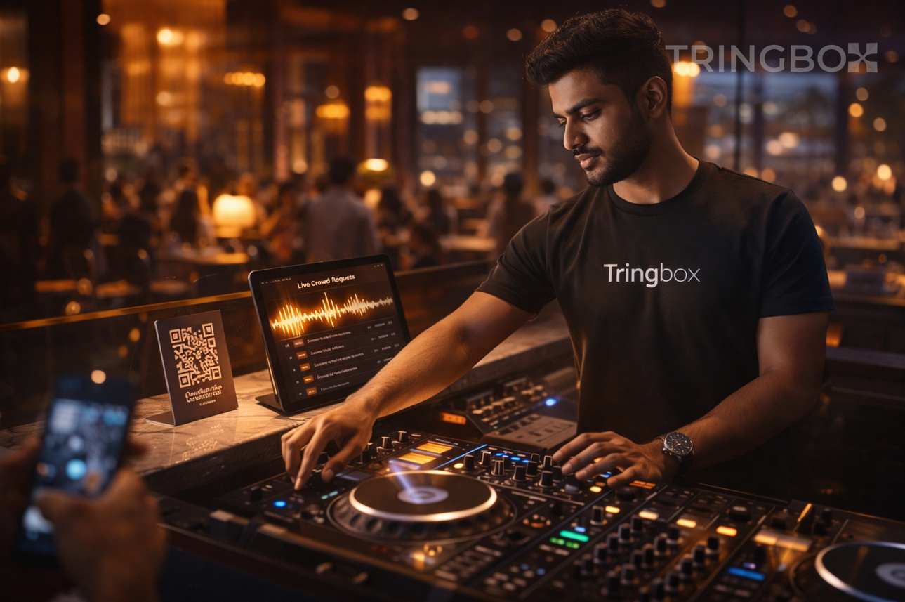 A professional DJ in a high-energy 2026 nightclub wearing a premium Tringbox branded t-shirt, managing a live crowd through the Tringbox Partner App.