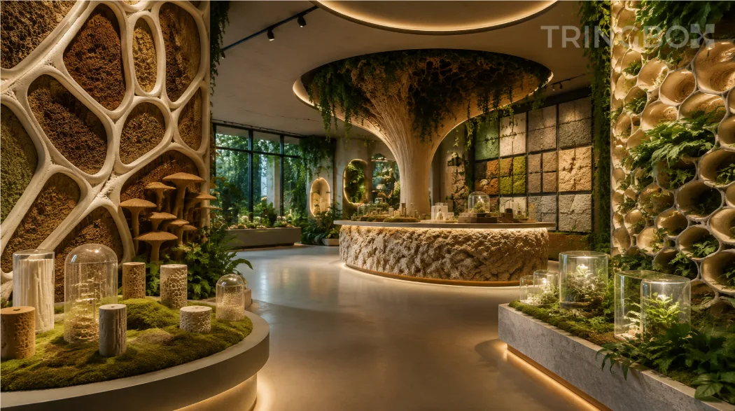 A modern bio-design showroom featuring sculpted mycelium architectural panels, warm ambient lighting, and living plant installations, unified by a soothing AI-curated acoustic soundscape.