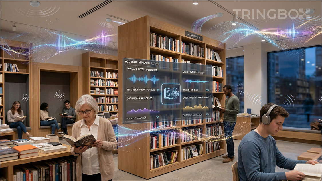 A peaceful, modern bookstore with readers browsing aisles in a sonically optimized, focused environment.