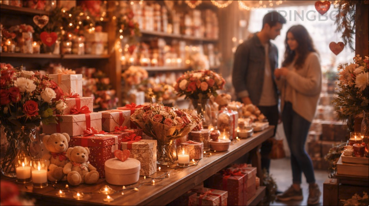 Valentine’s week shopping experience in retail store with couples browsing gifts