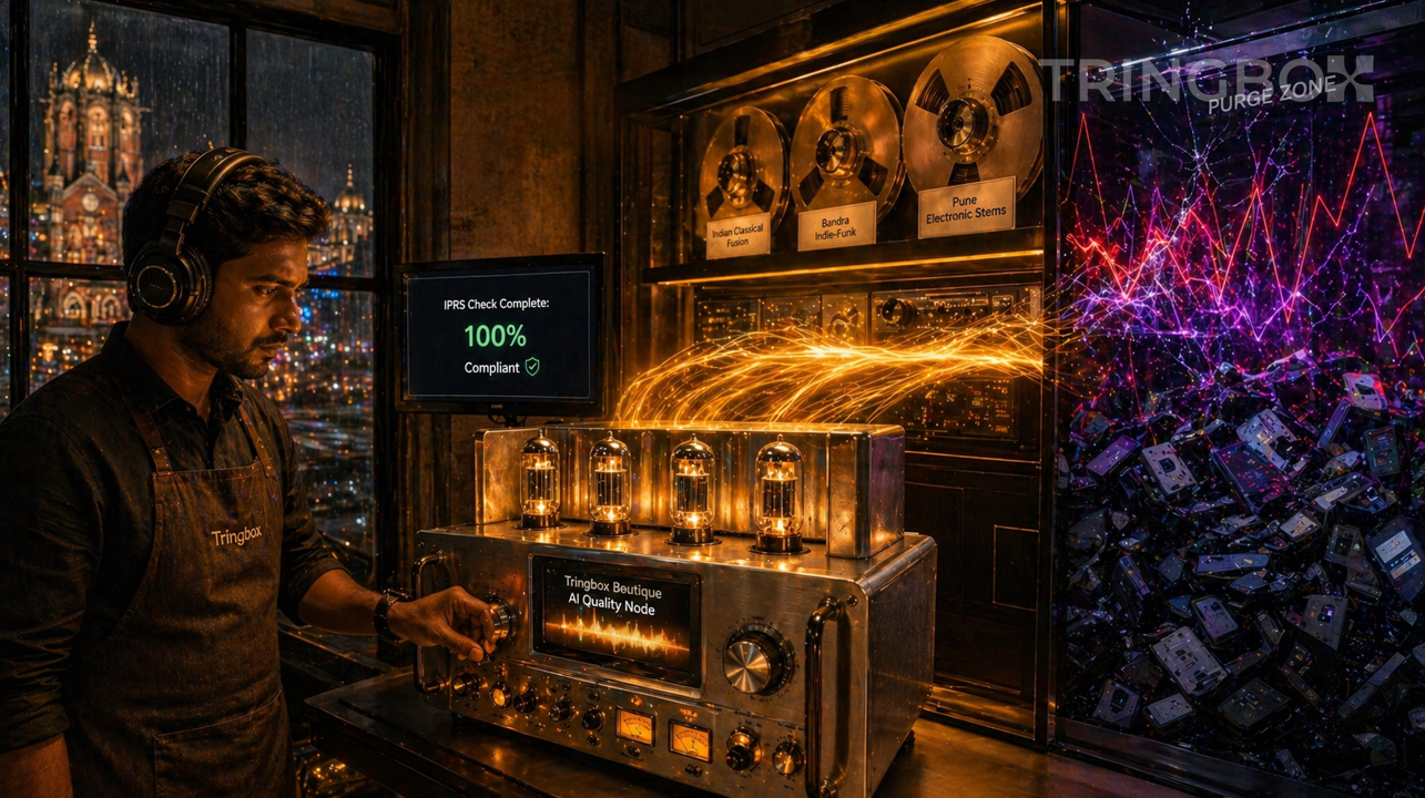 A futuristic digital dashboard visually 'filtering' chaotic purple sound waves into clean, glowing golden ripples for a premium retail space.