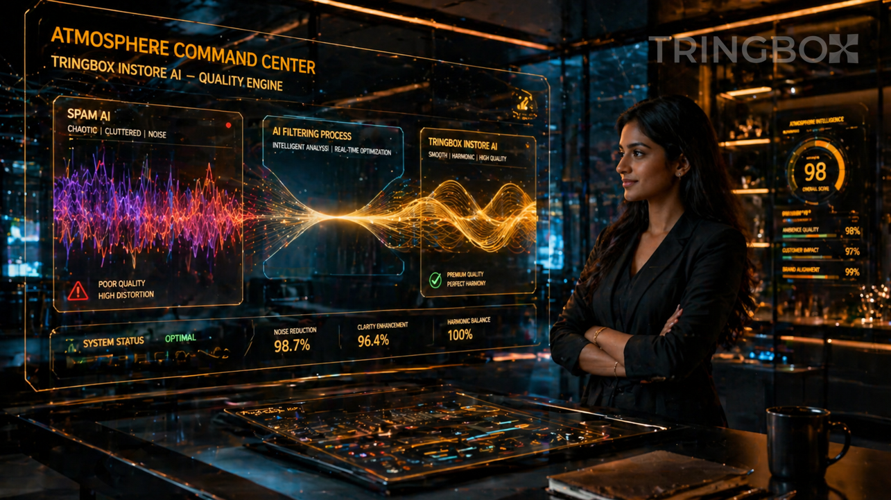 A futuristic digital dashboard visually 'filtering' chaotic purple sound waves into clean, glowing golden ripples for a premium retail space, representing the Tringbox AI quality engine.