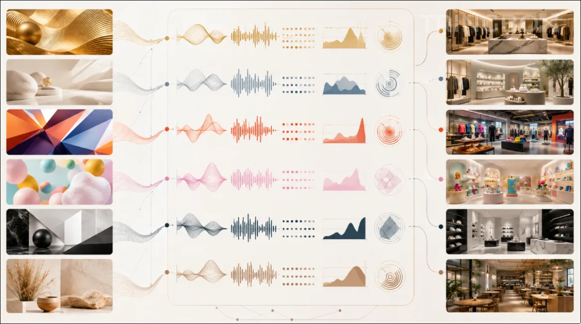 A structured diagram showing the translation of abstract brand adjectives into specific, algorithmic music parameters for retail environments.