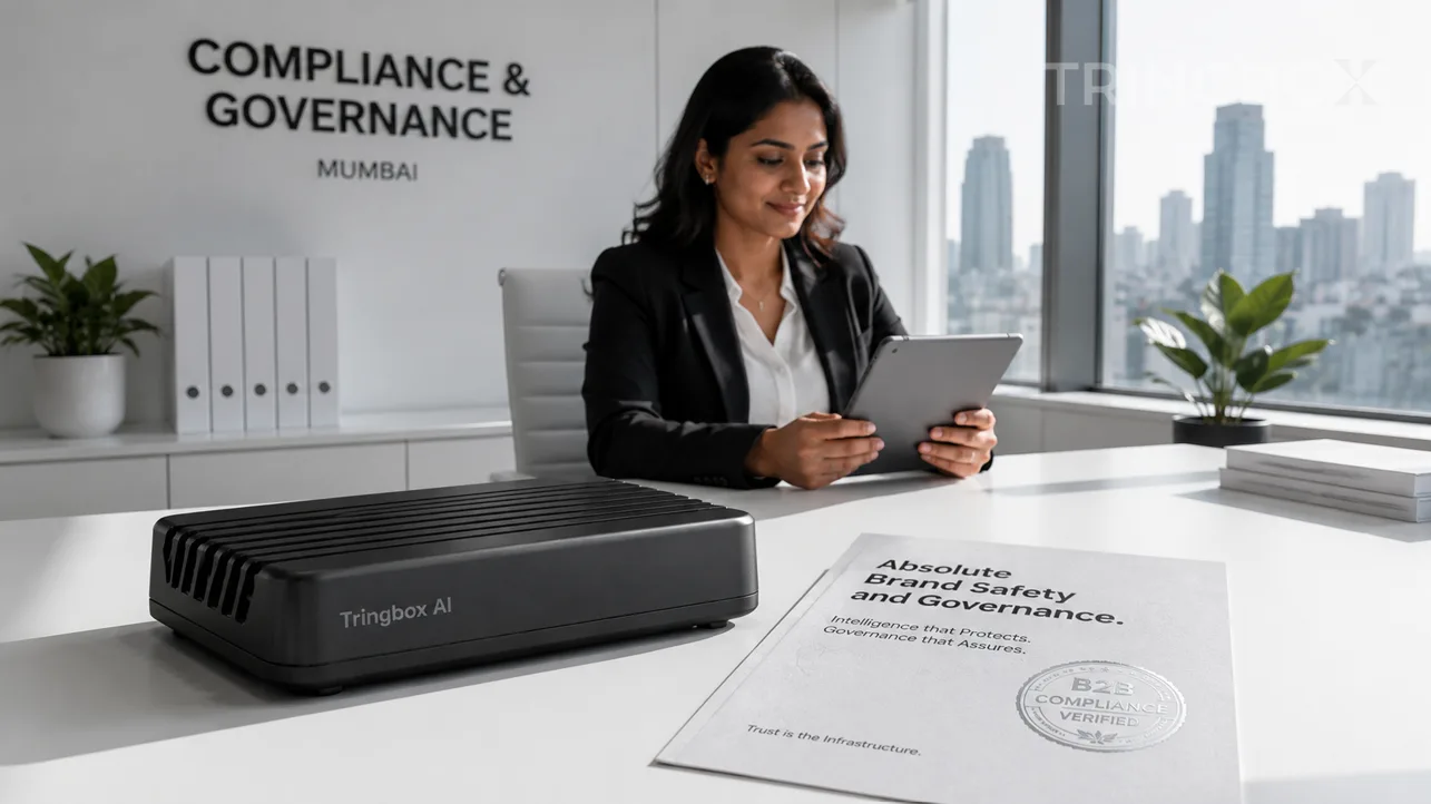 A visual representation of brand safety: a sleek Tringbox AI device situated next to a pristine corporate compliance document in a modern retail setting.