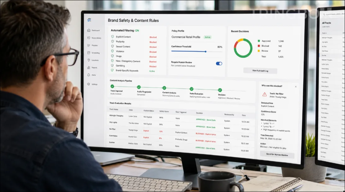 An enterprise dashboard interface illustrating automated explicit content filtering and brand safety rules for commercial audio.